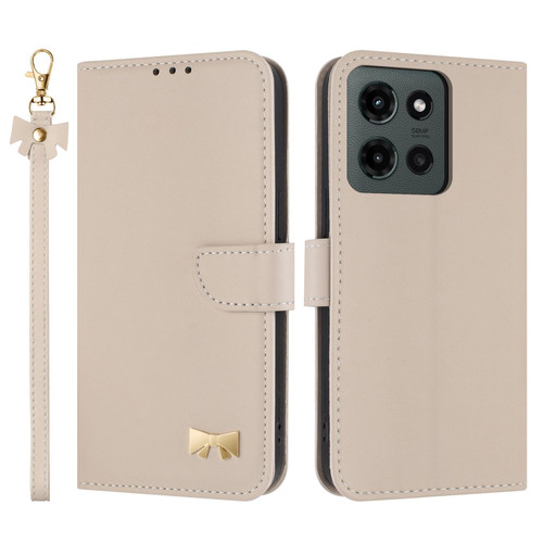 Moto G 2025 Metal Bow Leather Phone Case with Hand Strap - Apricot